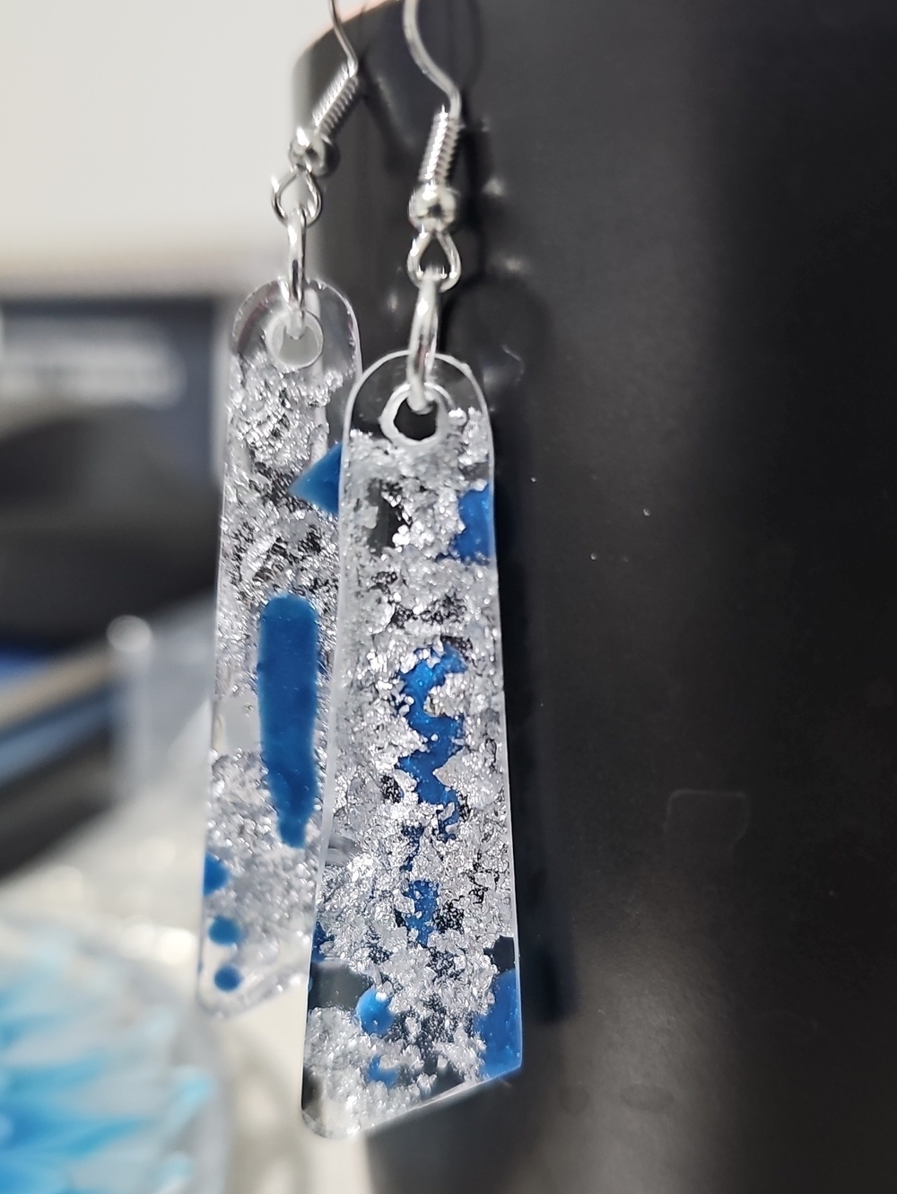 Blue Silver Flake Resin Dangle Earrings